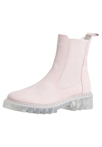 Bottine en cuir rose clair avec panneau élastique sur le côté et semelle en caoutchouc opaque et épaisse, dotée d'une languette à l'arrière.