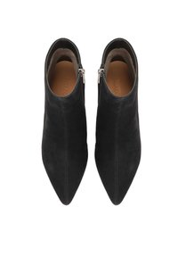 Black suede ankle boots with pointed toes, side zippers, and a smooth inner lining, featuring a minimalist design and sleek silhouette.