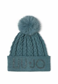 Cappello di lana lavorato a maglia in teal con un motivo a treccia, caratterizzato da un pompon soffice in cima e da un bordo a coste che mostra "LIU•JO" in dettaglio luccicante.