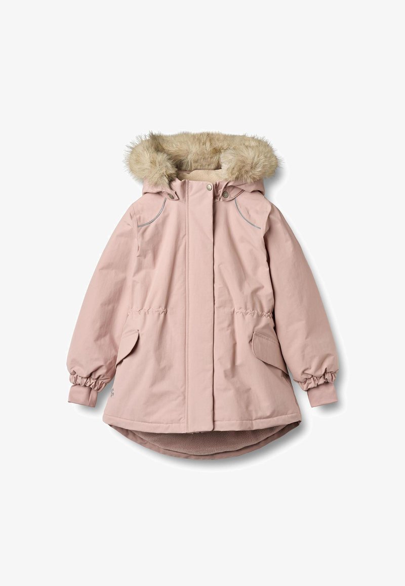 Różowa wodoodporna parka z kapturem wykończonym sztucznym futrem, dwoma bocznymi kieszeniami, elastycznymi mankietami i wydłużonym tylnym dołem.