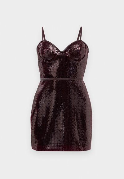 Short sleeveless burgundy mini dress with thin straps and all-over shiny sequins, featuring a fitted, structured bust and waist detail.