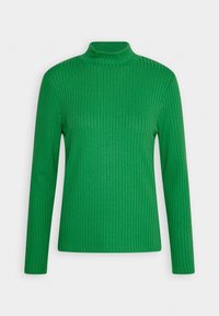 Pull vert côtelé à manches longues avec col montant, présenté sur un fond blanc uni.