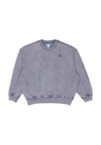 Sudadera azul deslavada con cuello redondo, puños y dobladillo acanalados. Presenta un pequeño logo en el pecho y rayas verticales en la manga.