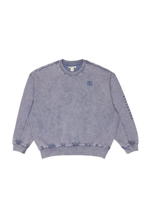 Sweatshirt bleu délavé avec un col rond, des poignets côtelés et un ourlet. Présente un petit logo sur la poitrine et des rayures verticales sur la manche.