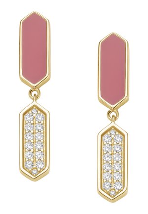 Gold drop earrings with a pink enamel top section and a lower section featuring two rows of clear round crystals.