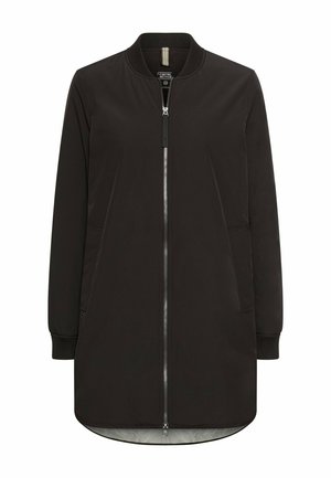 Czarna długa kurtka typu bomber z zamkiem z przodu, ściągaczami przy mankietach, bocznymi kieszeniami i miękką podszewką wewnętrzną. Gładka tkanina o minimalistycznym designie.