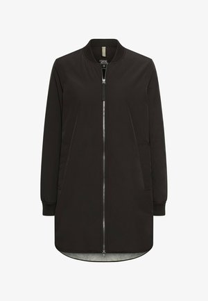 Zwarte longline bomberjack met ritssluiting aan de voorkant, geribbelde manchetten, zijzakken en een zachte voering aan de binnenkant. Glad stof met een minimalistisch ontwerp.