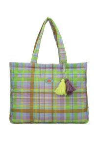Borsa tote trapuntata in fantasia a quadri verde, giallo e viola. Presenta manici doppi e nappine decorative in giallo e viola.