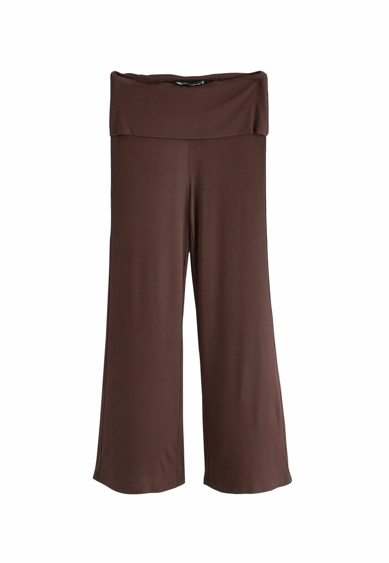 Brown wide-leg pants made from ribbed material. Features a thick waistband and side slits, offering a loose fit and comfortable design.