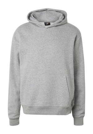 Light gray long-sleeve hoodie with front kangaroo pocket and ribbed cuffs and hem, displayed on white background.