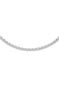 Collana in argento con maglie intrecciate. Presenta una finitura lucida e un design simmetrico, che ne esalta l'aspetto elegante.