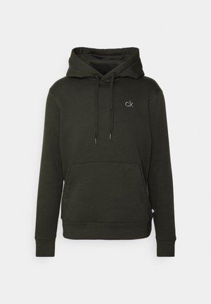 Hoodie en coton vert foncé avec des manches longues, capuche à cordon de serrage, poche avant et petit logo "ck" blanc sur la poitrine. Tissu texturé.