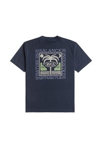 Navy cotton t-shirt featuring a graphic design on the back with a palm tree, geometric shapes, and text reading "Balance Nature vs Industry."