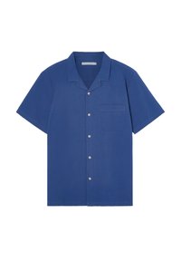 Camicia a maniche corte con bottoni di colore blu intenso, in tessuto texture, con taschino sul petto e bottoni bianchi. Design con colletto e vestibilità rilassata.