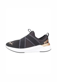 Svart atletisk slip-on sko med meshupp, elastiska remmar, vit sula och en guldaccent på hälen. Halkfri gummisula.