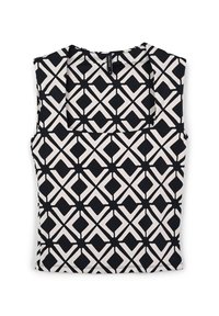 Top senza maniche bianco e nero con un motivo geometrico che presenta diamanti e croci, realizzato in un tessuto liscio e leggero.