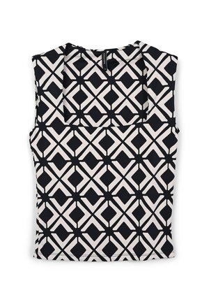 Top sans manches noir et blanc présentant un motif géométrique avec des diamants et des croix, fabriqué à partir d'un tissu lisse et léger.