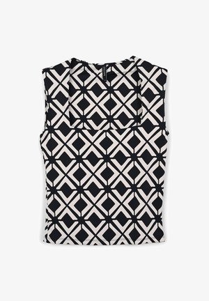 Top sans manches noir et blanc présentant un motif géométrique avec des diamants et des croix, fabriqué à partir d'un tissu lisse et léger.