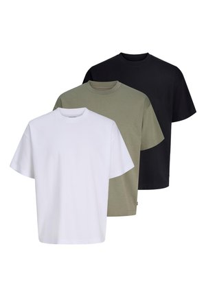 Tre ensfarvede t-shirts med rund hals i hvid, olivengrøn og sort lagdelte mod en hvid baggrund.