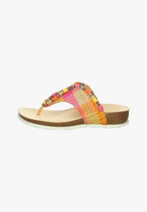 Multicolor sandal featuring woven straps in pink, orange, and yellow, with a cushioned beige footbed and a textured brown sole.