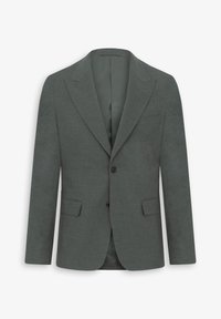 Grå blazer med struktureret stof, enkeltrækkende design, klippede revers og to forlommer. Foret inderside synlig.
