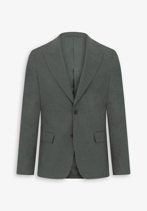 Blazer grigio con tessuto testurizzato, design a un petto, rever a punta e due tasche frontali. Interno foderato visibile.