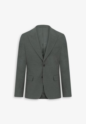 Blazer grigio con tessuto testurizzato, design a un petto, rever a punta e due tasche frontali. Interno foderato visibile.