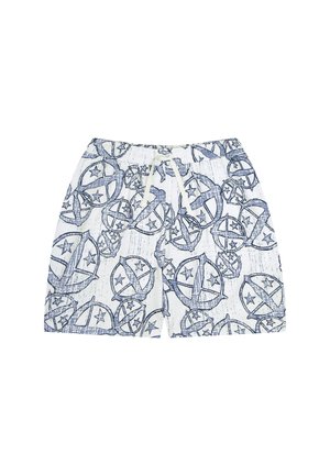 Pantalones cortos blancos con un estampado azul de símbolos de paz, estrellas y círculos, con una cintura elástica y detalle de cordón. Textura de tela suave.
