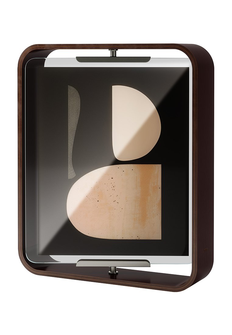 Nowoczesne lustro stołowe z ciemną drewnianą ramą, odbijające trzy abstrakcyjne kształty w odcieniach beżu i szarości na czarnym tle.