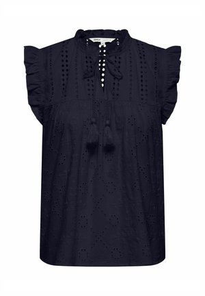 Mørkeblå ærmeløs bluse med hulmønster, flæser på skuldrene, kvastbindende halsudskæring og subtilt tekstureret geometrisk design.