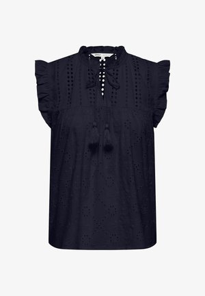 Navyblå ermeløs bluse med hullmønster, volangdetaljer på skuldrene, knyting med dusk i halsen og subtil teksturert geometrisk design.