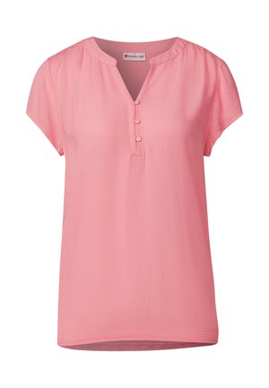 Roze blouse met korte mouwen en een ronde hals, voorzien van een knoopsluiting en zachte, gestructureerde stof met een relaxed fit.