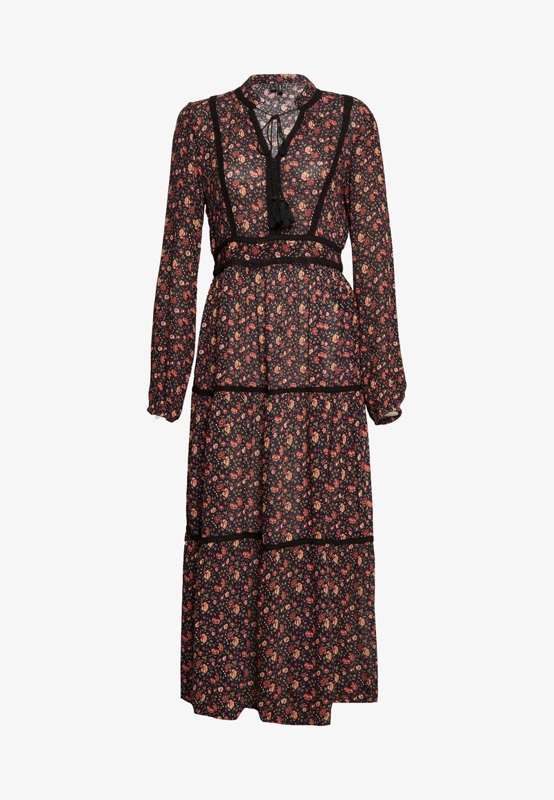 Longue robe noire fleurie avec manches longues, jupe à volants, bordure en dentelle noire et détail pompon à nouer au col.