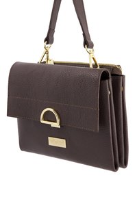 Brown textured leather handbag with a gold-tone metal accent, zipper closure, and a removable strap; features a rectangular shape and minimal design.