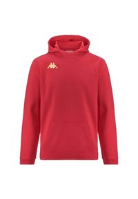 Felpa rossa con cappuccio, tasca frontale, maniche lunghe e cordino. Presenta un piccolo logo dorato sul petto. Tessuto morbido.