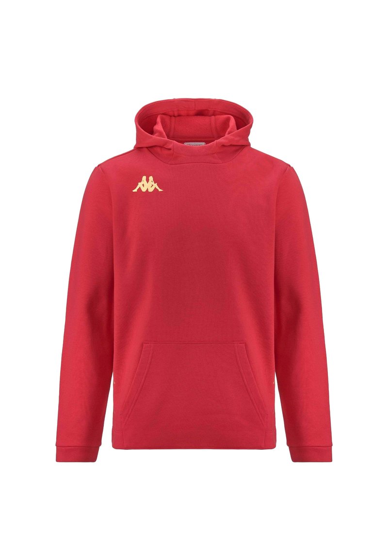 Felpa rossa con cappuccio, tasca frontale, maniche lunghe e cordino. Presenta un piccolo logo dorato sul petto. Tessuto morbido.