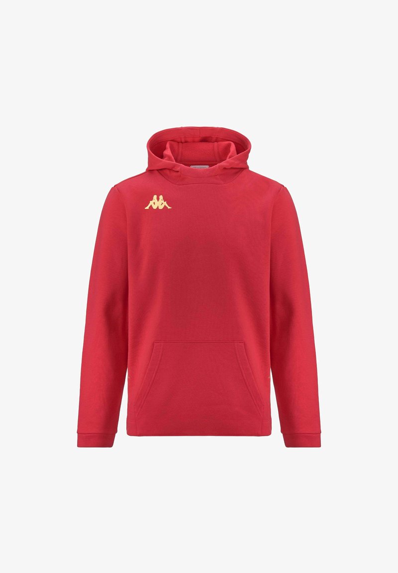 Felpa rossa con cappuccio, tasca frontale, maniche lunghe e cordino. Presenta un piccolo logo dorato sul petto. Tessuto morbido.