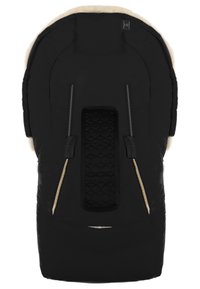 Zwart gewatteerde voetenzak voor de kinderwagen met een zachte binnenvoering, ontworpen voor warmte. Bevat een ruitvormig geborduurd deel en verstelbare harnasbanden.