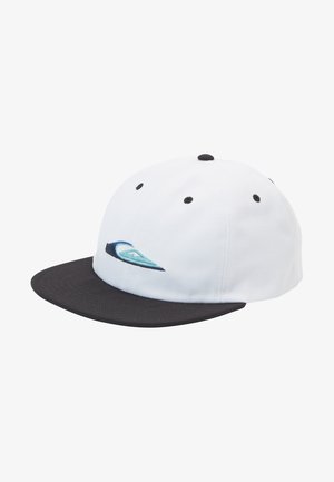 White cap with a black brim. Features an embroidered blue wave logo on the front. Made of fabric with visible stitching and air holes.