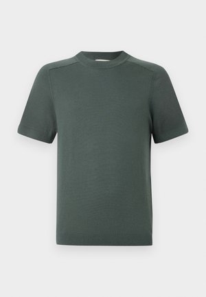 Short-sleeve crewneck knit top in dark green with ribbed cuffs and hem, displayed on a white background.