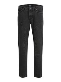 Svarta denimjeans med rak passform, som har tydliga stora framfickor, diskreta sömmar och en klassisk knapp- och dragkedjestängning.