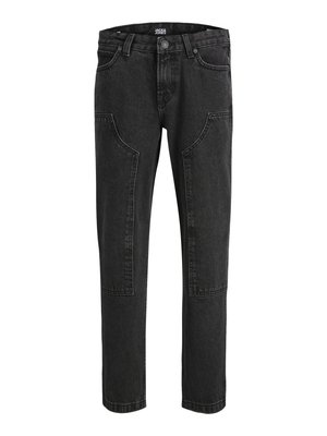 Črne jeans hlače z ravnim krojem, ki imajo izrazite velike sprednje ž epke, subtilno šivanje in klasično zapiranje na gumb in zadrgo.