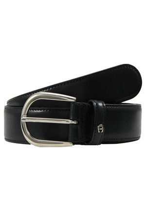 Black leather belt featuring a silver metal buckle, smooth texture, and stitched edges, designed for durability and style.