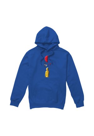 Blue hooded sweatshirt with design of a person in a yellow raincoat looking at a red balloon and the word "IT" in red letters.