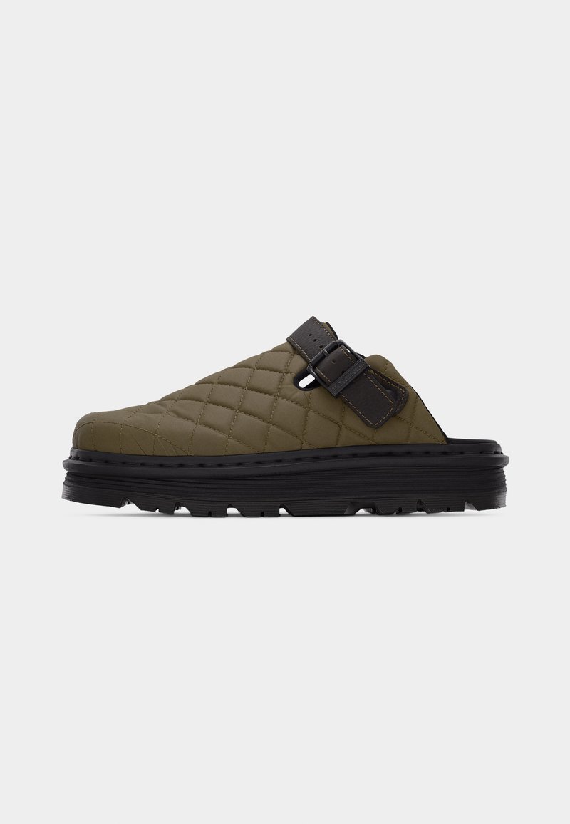 Dr. Martens Zebzag Mule Olive Suede Buckle Clogs with Black Footbed Zebzag Suede Casual Slingback Platform Mules in Muted Olive  main image 3