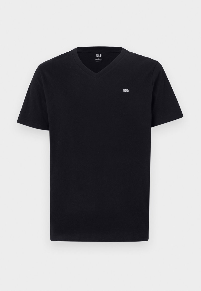 Schwarzes Baumwoll-T-Shirt mit V-Ausschnitt, kurzen Ärmeln und einem kleinen weißen gestickten Logo auf der linken Brust. Glatte Textur, klassische Passform.