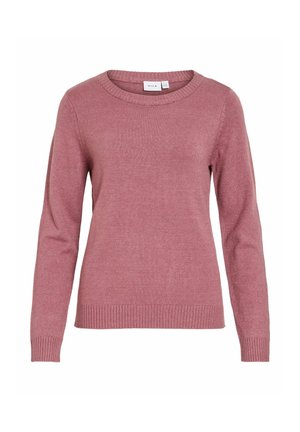 Pulover tricotat cu mâneci lungi, culoare roz prăfuit, cu guler rotund și manșete și tiv striat, afișat pe un fundal alb.