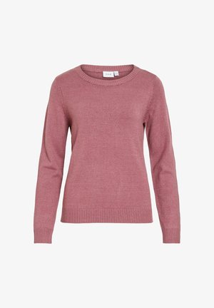 Pulover tricotat cu mâneci lungi, culoare roz prăfuit, cu guler rotund și manșete și tiv striat, afișat pe un fundal alb.