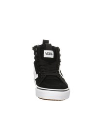 Zapatillas altas negras de ante con suelas de goma blanca, que cuentan con un diseño con cordones, logo de Vans y detalles de franjas laterales.