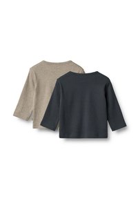 Kaksi pitkähihasta paitaa: yksi beige ja yksi tummansininen, valmistettu pehmeästä neuloksesta, jossa on ribbikuvio ja pyöreä kaula-aukko.